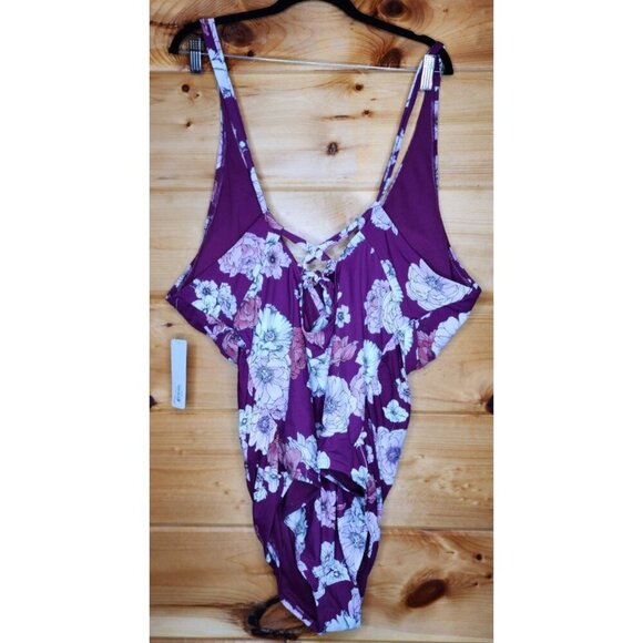 Plus Sz Freshwater Purple Floral Surplice Cross Lace Back One-Piece Swimsuit 3X - Picture 2 of 13